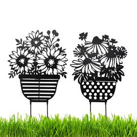 Amajy 724901601837 Set Of 2 Metal Flower Stakes And Wall Plaque - Garden Decor Floral Art