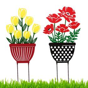 Amajy 724901601851 2-way Metal Poppy And Tulip Garden Stake Wall Plaque - Farmhouse Floral Decor