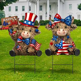 Amyhill Yon-amyhill-4766 2 Pcs 4th Of July Metal Outdoor Decor Garden Stakes Patriotic Highland Cow Welco