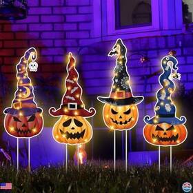 Koo-leinuosen-1882 Brand Leinuosen Halloween Yard Sign Set - 4 Pumpkin Stakes With Witch Hats And Lanterns