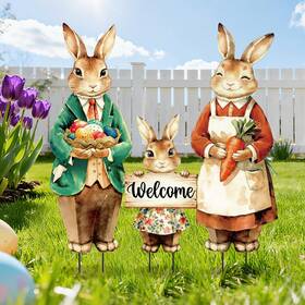 J9999 Jar Thena Amcs 3pcs Easter Metal Garden Stake Welcome Yard Sign Vintage Bunny Rabbit With Carro