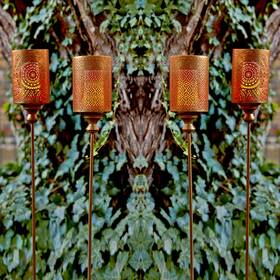 80827ds Melrose 4 Pc Set Pillar Candle Holders Golden Metal Garden Lawn Stakes 5 X 40 In Each
