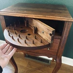 Vintage Antique Scalloped Queen Anne Wood Sewing Storage Side Table Brass Pulls. Fixed Price $185.00.