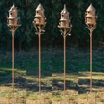 4 Assorted Birdhouse Feeder Garden Stakes In Antique Copper. Fixed Price $129.95.