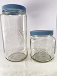 2- Golden Harvest Canister Glass Jars Food Storage Blue Screw Lid 9-1/4 & 5-1/4. Fixed Price $24.95.