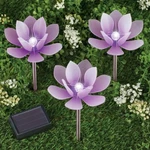 Set Of 3 Solar Powered Led Lighted Purple Lotus Flower Outdoor Garden Stakes. Fixed Price $27.95.