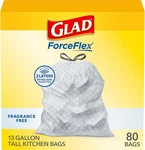 Glad Forceflex Tall Kitchen Drawstring Trash Bags, 13 Gal, Fragrance Free, 80 Ct. Fixed Price $16.58.