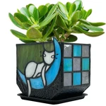 Tiffany Stained Glass Sleeping Cat Moon Planter, Grey Indoor Pot W/ Drain. Fixed Price $36.45.