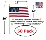 50 Pack Super Tough 12"X18" Stick Flag With 30"X3/8" Wood Staff Made In Usa. Fixed Price $75.99.