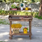 New Rolling Brown Potting Bench Garden Work Table Outdoor Wood Planting Station. Fixed Price $99.08.