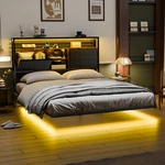 Zimtown Queen Floating Bed Frame With Storage Headboard And Led Lights, Upholste. Fixed Price $241.38.
