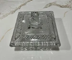 Duncan Miller Divided Sandwich Glass Square Candy Jar With Lid. Fixed Price $145.00.