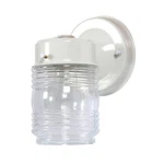 Design House Jelly Jar 1-LIGHT Outdoor Wall Lantern, White Finish, Clear Ribbed. Fixed Price $9.95.