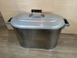 Vintage Polished Steel Boiler Wash Tub Wooden Handles Aluminum Lid New Old Stock. Fixed Price $259.99.