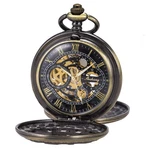 Pocket Watch Skeleton Mechanical Double Case Hand-wind Bronze Roman Numerals .... Fixed Price $46.84.
