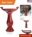 25" Tall Outdoor Ceramic Antique Pedestal Birdbath With Figurines, Red. Fixed Price $126.71.