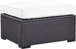 Biscayne Brown Wicker Outdoor Ottoman With White Cushions For Patio Relaxation. Fixed Price $260.99.
